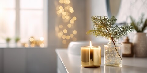 bright modern bathroom with clean white counter, single glowing candle in golden holder beside small fir branch in glass jar, blurred background with soft golden fairy lights, Scandinavian minimal 