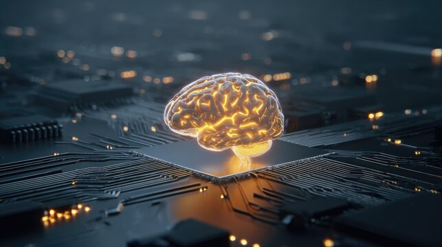 Futuristic Brain Concept Merging Technology and Intelligence on Circuit Board Background in Cybernetic Environment