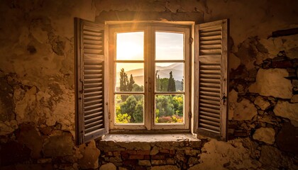 Rustic window, golden light, scenic view