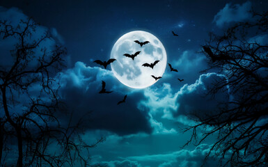 Full Moon Halloween Night Scene with Flying Bats, Cloudy Sky, and Silhouetted Tree Branches, Spooky Atmospheric Backdrop for Gothic Design, Seasonal Decor, and Haunted Visual Themes
