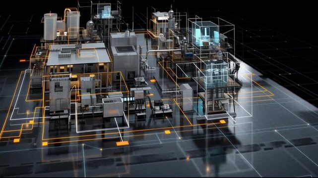 ICS. Industrial Control Systems. Cybersecurity. Industrial automation. IIoT. Critical infrastructure. A futuristic industrial complex with transparent structures and digital elements.