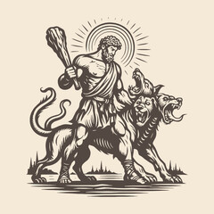 Heroic depiction of Hercules capturing Cerberus, the three-headed hound of Hades, with club in hand.