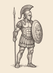 Detailed sketch of ancient Roman warrior in armor holding spear and shield.