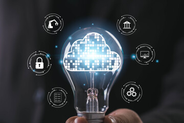 Innovative concept of cloud computing technology shown inside a light bulb, symbolizing digital transformation, data storage, cybersecurity, and smart business solutions.