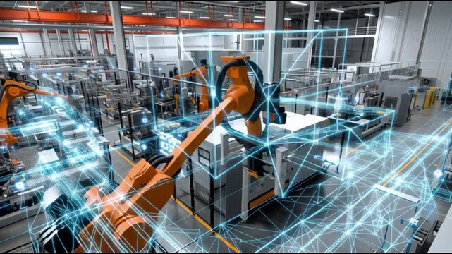 ICS. Industrial Control Systems. Cybersecurity. Industrial automation. IIoT. Critical infrastructure. High-tech industrial facility with robotic automation and digital connectivity.