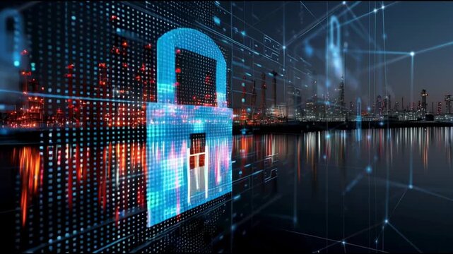 ICS. Industrial Control Systems. Cybersecurity. Industrial automation. IIoT. Critical infrastructure. A digital lock symbol against an industrial skyline at night.