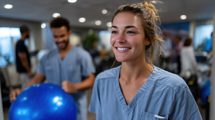 A smiling female nurse in scrubs appears in a rehabilitation center, ready to assist with exercise therapy. Her positive demeanor highlights the nurturing spirit inherent in healthcare roles.
