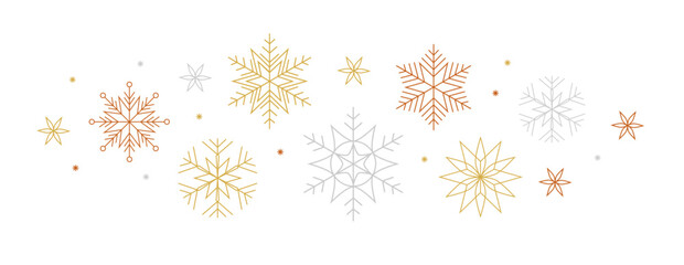 Vector christmas decorative border with gold, copper and silver colored geometric ornaments in shape of snowflakes and stars
