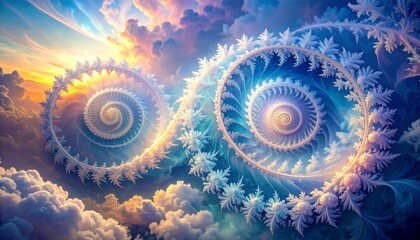 Two intertwined spirals in a sky of clouds, sun rays