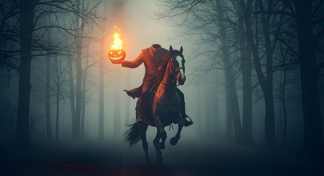 A headless horseman rides through the foggy forest, carrying a flaming pumpkin in his hand.