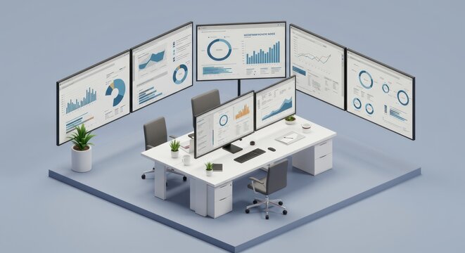 Isometric office space with data charts on screens and workstations - Powered by Adobe