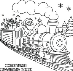 Santa claus driving a big steam train coloring book page isolated on transparent background