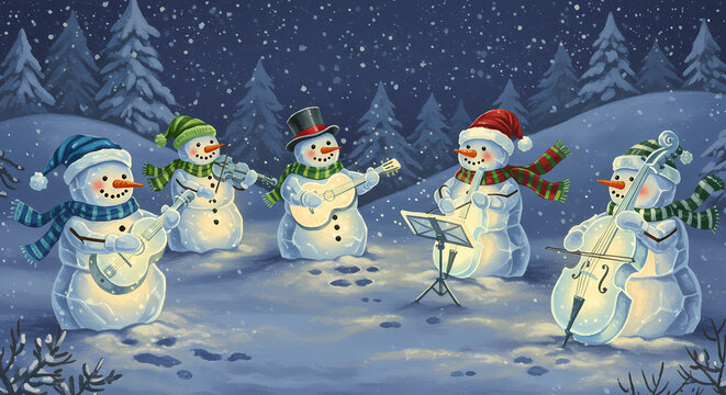 Snowmen playing musical instruments in winter snow on a dark night  
