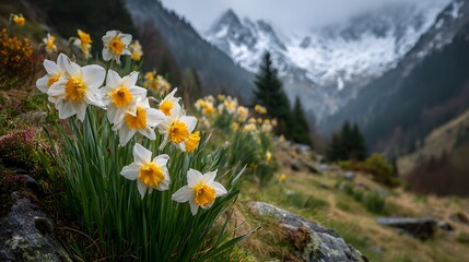 Obraz premium Stunning close-up of wild daffodils blooming on a mountainside, with a majestic, snow-capped mountain range softly blurred in the background.