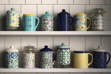 Colorful patterned jars and mugs on shelves ceramic