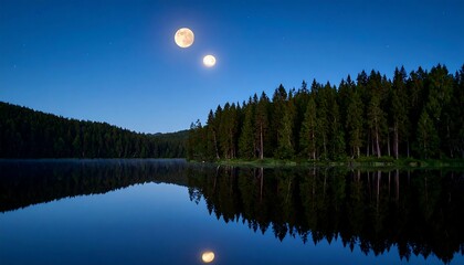 Two moons over a still lake, dark forest