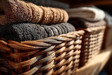 Obraz premium Decorative wicker basket filled with soft towels high resolution picture