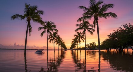 Obraz premium Tropical Palm Trees Reflecting Water Sunset Scene with Vibrant Sky and Calm Water