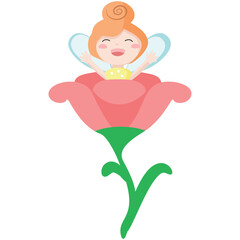 Cute fairy vector illustration. Cartoon magic girl character with wings. Fairytale princess in costume sitting on flower and waking up. Fantasy little forest pixie isolated on white background