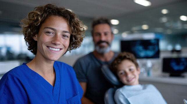 A confident female dental professional smiles in her clinic, showcasing professionalism and assuring patients of a supportive and friendly healthcare experience.