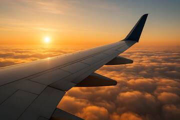 Obraz premium Airplane wing above clouds, sunrise golden hour