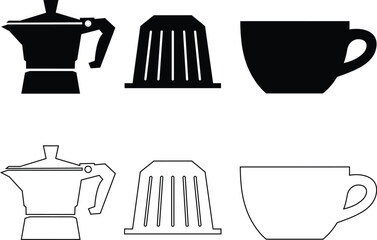 Coffee Preparation Set in Black and White Simple Icon Style