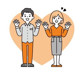 両手を広げて嬉しそうに驚く、若い男性と女性のシンプルな全身ベクターイラスト素材