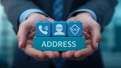 Professional Contact Icons – Person Holding Communication and Role Blocks with Address Label in Corporate Setting