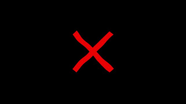 Animation of a red x shape diagonal cross. Wrong sign red cross icon animation on black background. 