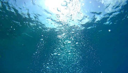 Underwater bubbles rising to sunlit surface