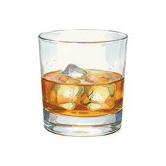 Watercolor Whiskey Vector Illustration Isolated on White Background, Classic Glass of Whiskey with Ice Clipart for Bar, Pub, Party and Alcohol Menu