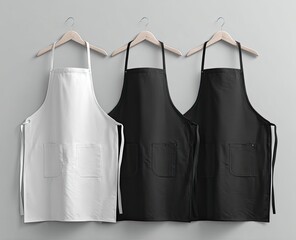 Three aprons, white, black, hanging