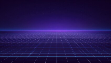 A vast, futuristic landscape of interconnected grids stretches into a deep purple sky, illuminated by faint light.