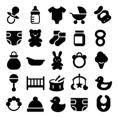 
An illustration depicting a set of black icons of newborn products on a white background.