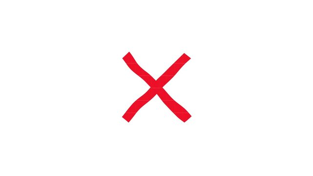 Animation of a red x shape diagonal cross. Wrong sign red cross icon animation on black background. 