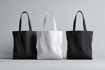Three blank canvas tote bags, black, white, and black, on a light gray background