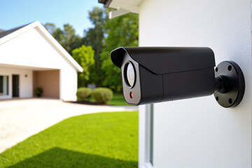 Black outdoor security camera mounted on residential house for surveillance of driveway. Modern CCTV system providing home protection, safety, and monitoring against theft and intrusion