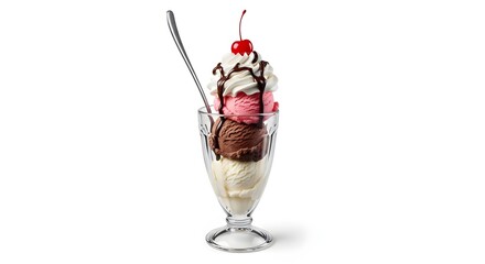 Ice cream sundae in a glass cup with whipped cream, isolated on a black background.