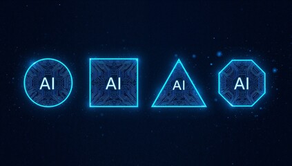 Futuristic AI Symbols – Glowing Geometric Shapes Representing Artificial Intelligence in Digital Tech Interface