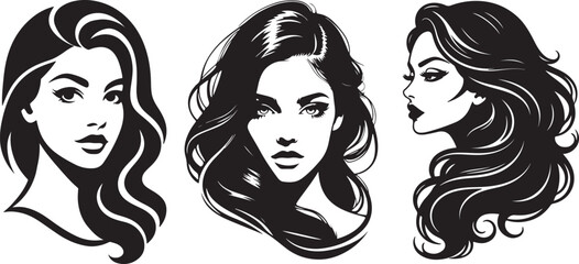 Three stylized black and white portraits of women s faces.
