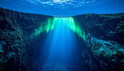 Underwater chasm, vibrant green light beams