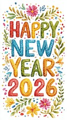 Vibrant New Year 2026 greeting adorned with colorful flowers and decorative elements.