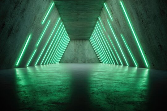 Empty concrete tunnel, vibrant green neon lights