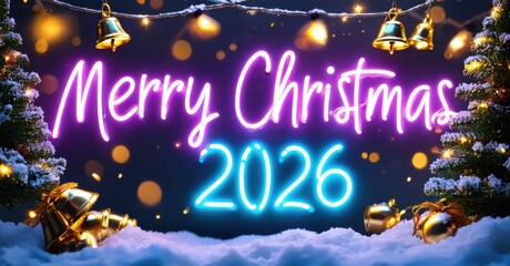 Bright neon sign displays Merry Christmas 2026. Snowflakes, gifts, bells decorate winter scene. Festive illumination creates joyful mood.