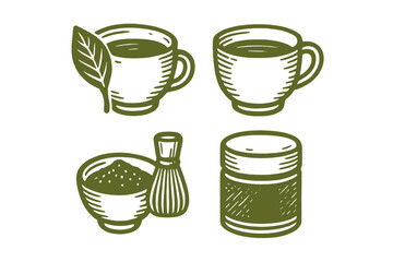 Essential matcha tea ceremony items featuring cups, a traditional whisk, and a powder jar for beverage preparation