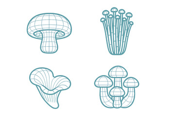 Diverse collection of stylized mushroom designs featuring geometric grid patterns and various fungi shapes