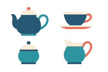 Complete tea service set featuring a teapot, teacup with saucer, sugar bowl, and creamer in a modern flat design