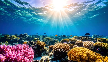 Underwater coral reef bathed in sunlight