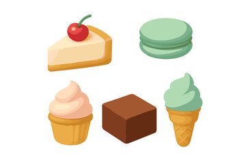 Various sweet desserts and confectionery including cheesecake, macaron, cupcake, brownie, and ice cream treats