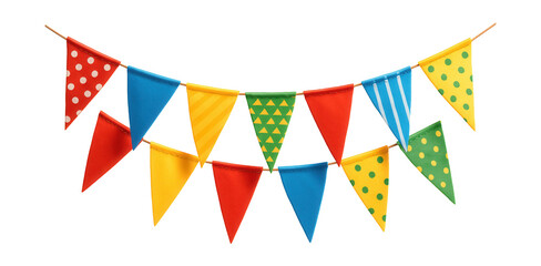 Obraz premium Colorful party banner with hanging flags on a dark background.